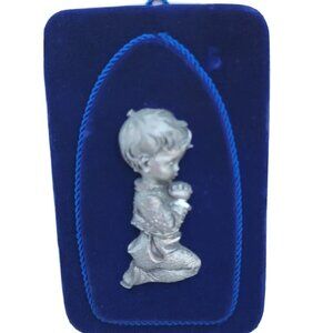VTG 60s Italy Petro Cesellato 3D Fine Pewter Praying Boy Blue Velvet Wall Decor